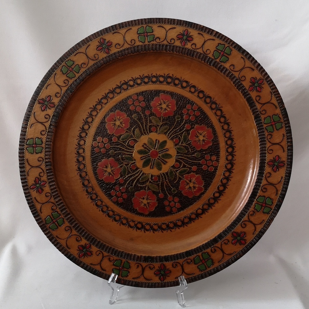 Beautiful Handmade Wood Display Plate with Carved & Painted Floral Pattern 13"